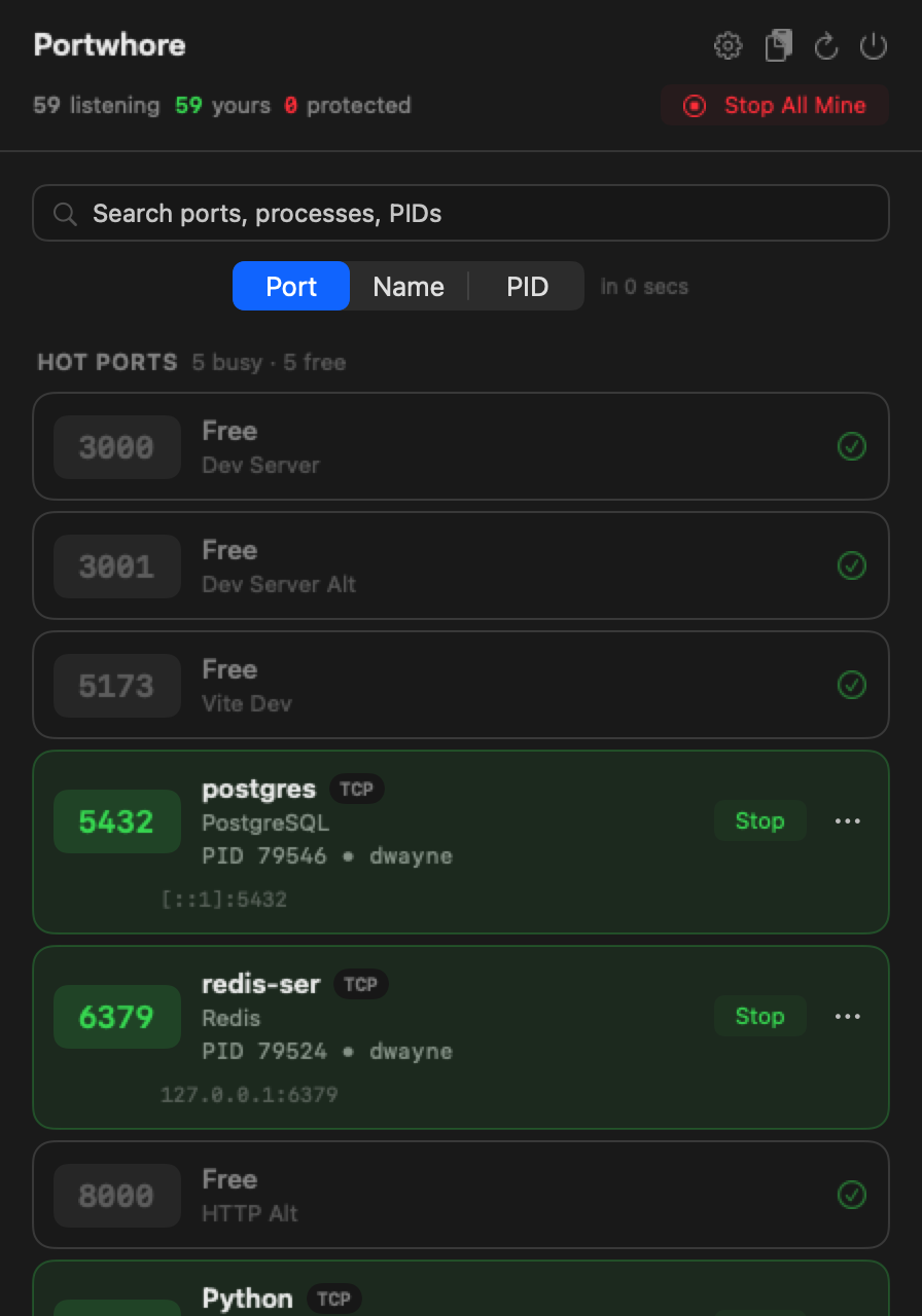 Portwhore showing active ports with search, sort, and one-click kill